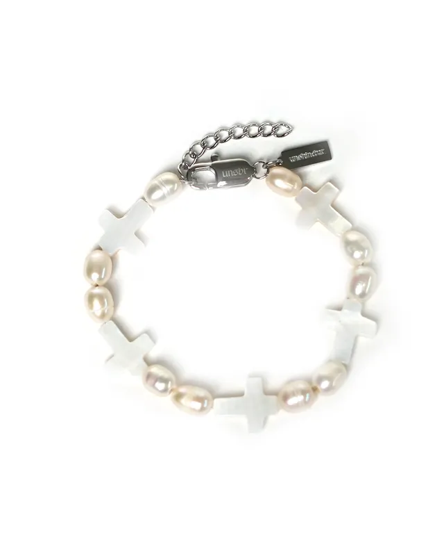 unshinebar-faith-armband-perlen-silber-mit-kreuz-verstellbar image 1