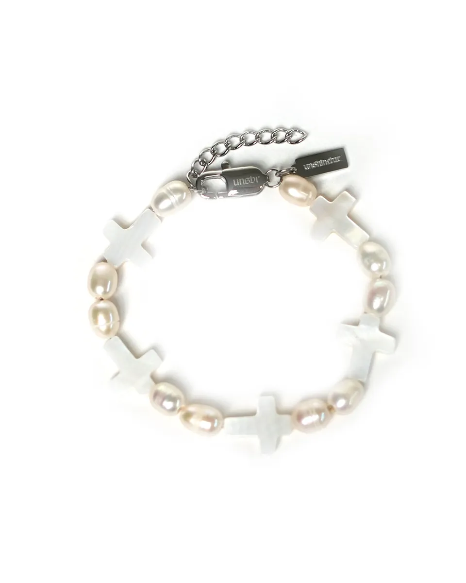 unshinebar-faith-armband-perlen-silber-mit-kreuz-verstellbar image 1