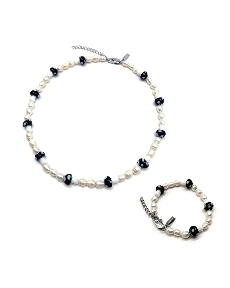 unshinebar-mushroom-set-schwarz-perlenkette-armband-6mm image 1