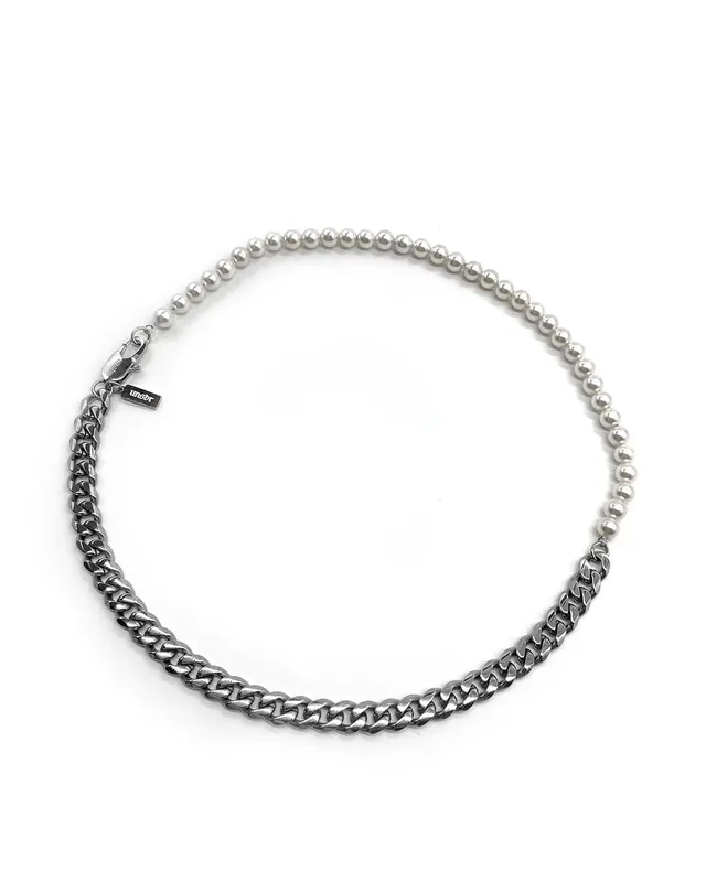 unshinebar-pearl-cuban-kette-silber-mit-perlen-45cm-edelstahl image 1